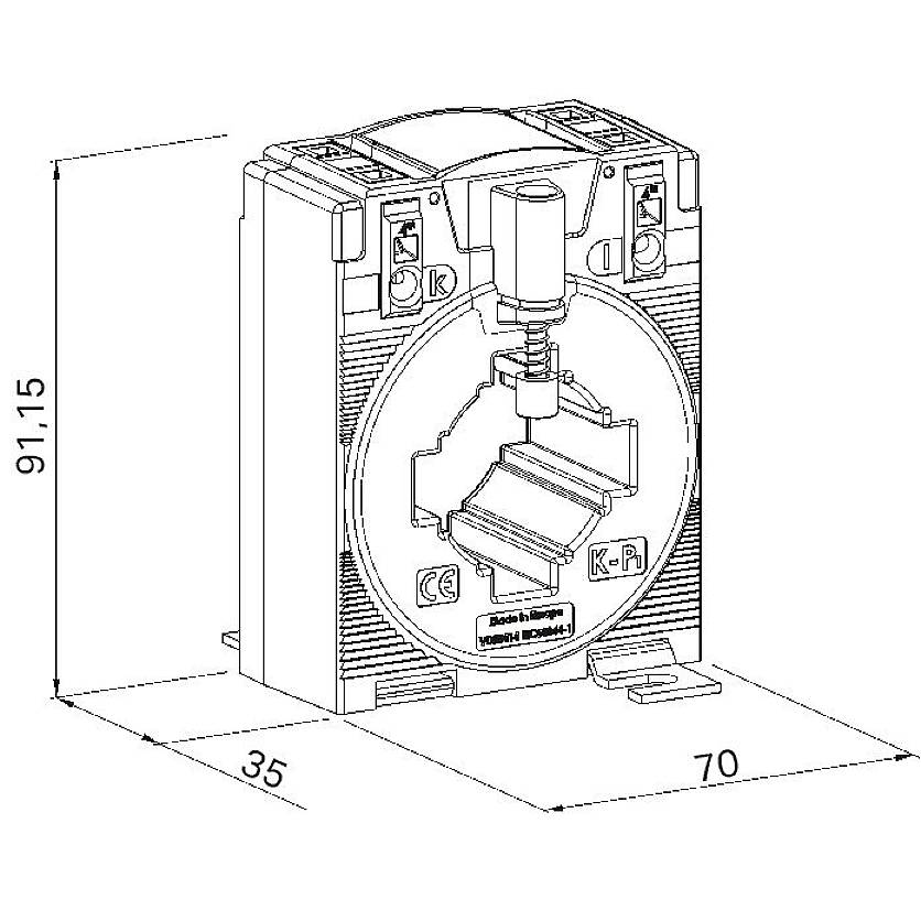 Technische Zeichnung eines elektrischen Bauteils mit den Maßen 91,15 mm in der Höhe, 70 mm in der Breite und 35 mm in der Tiefe.