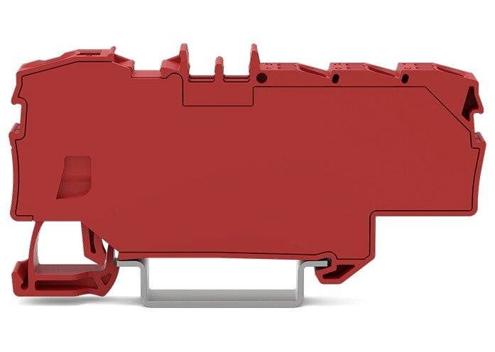 Rote, rechteckige Kunststoffabdeckung mit unregelmäßiger Form und Öffnungen, auf einem grauen Metallständer montiert.