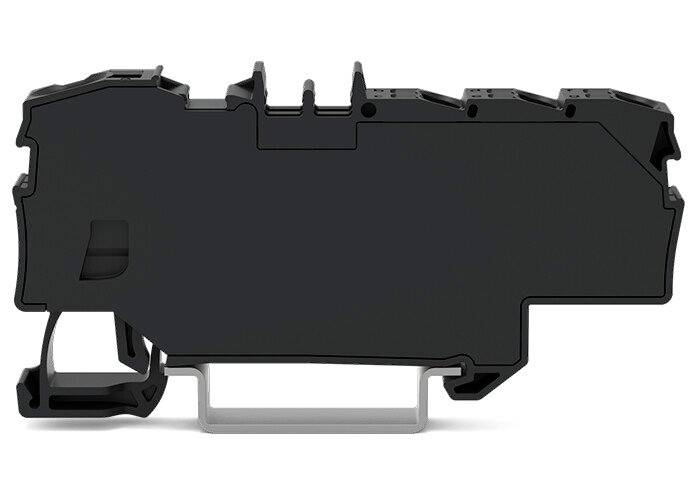 Ein schwarzes elektrisches Bauteil in rechteckiger Form mit mehreren Öffnungen und einem Befestigungsmechanismus.