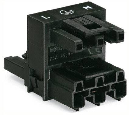 Schwarzer Elektrostecker mit Beschriftung 'L' und 'N', geeignet für 25A und 250V, zeigt mehrere Anschlussmöglichkeiten.