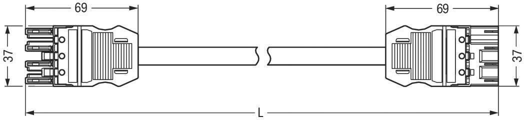 Technische Zeichnung von zwei identischen Steckverbindern mit Maßen 69 mm x 37 mm. Kabelverbindung mittig unterbrochen.