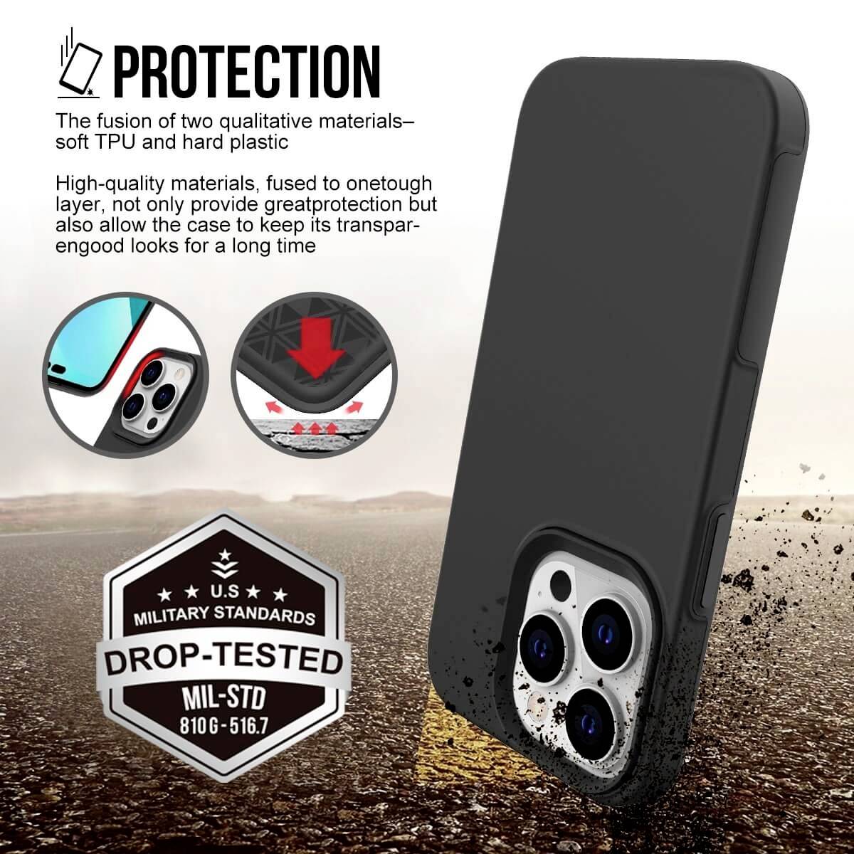 Ein schwarzes Handycase vor staubigem Hintergrund, betont Schutz durch weiche TPU- und harte Kunststoff-Materialien. MIL-STD-810G-516.7 getestet.