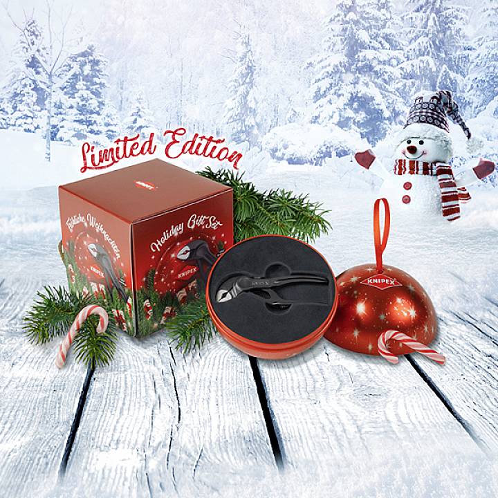 Ein rotes, rundes Geschenkset mit Kopfhörer und Kabel, dekoriert mit Tannenzweigen und Zuckerstangen, vor einer winterlichen Schneeszene.