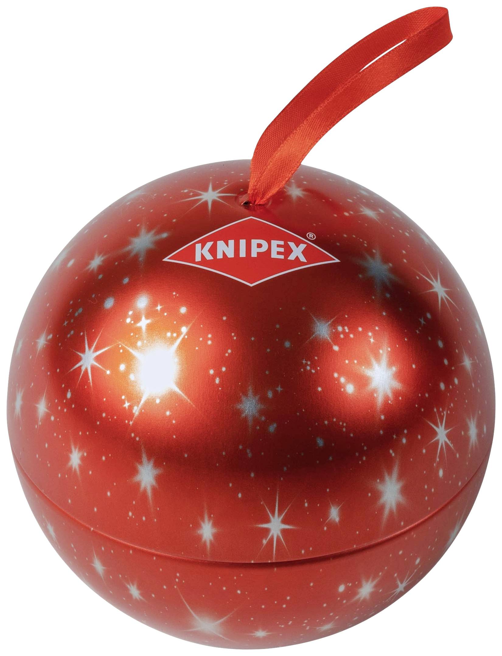 Rote Weihnachtskugel mit weißen Sternen und dem KNIPEX-Logo, oben mit rotem Band zum Aufhängen.