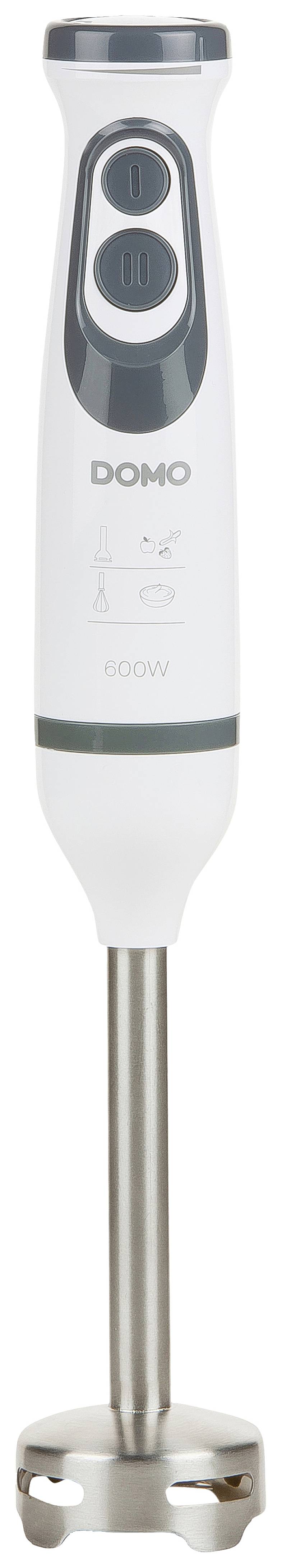 Stabmixer mit grauen Knöpfen und Edelstahlfuß, Marke 'DOMO', 600W.