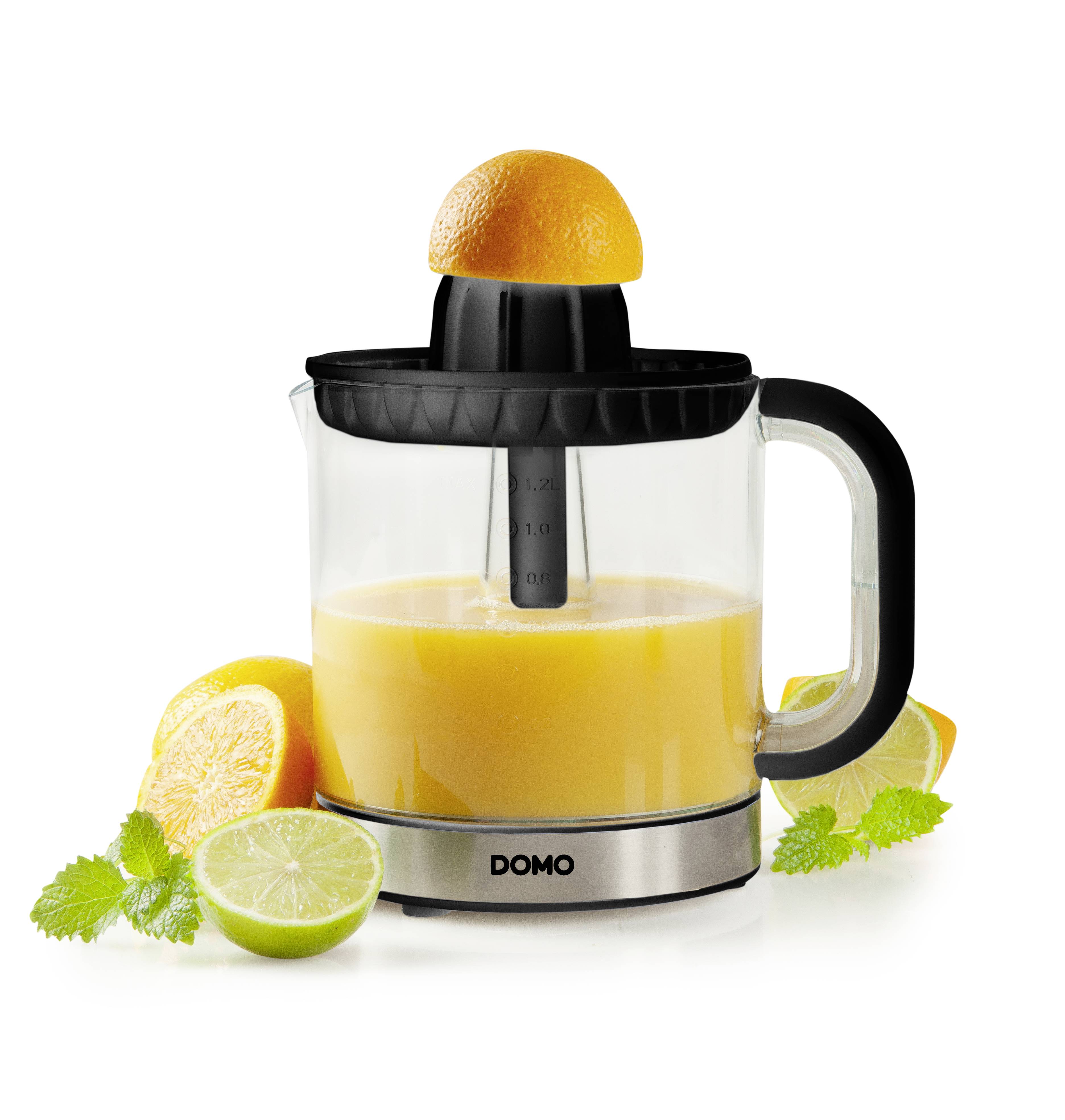 Zitruspresse mit gefülltem Behälter, frischer Orangensaft. Daneben geschnittene Zitrone und Limette, dekoriert mit Minze.
