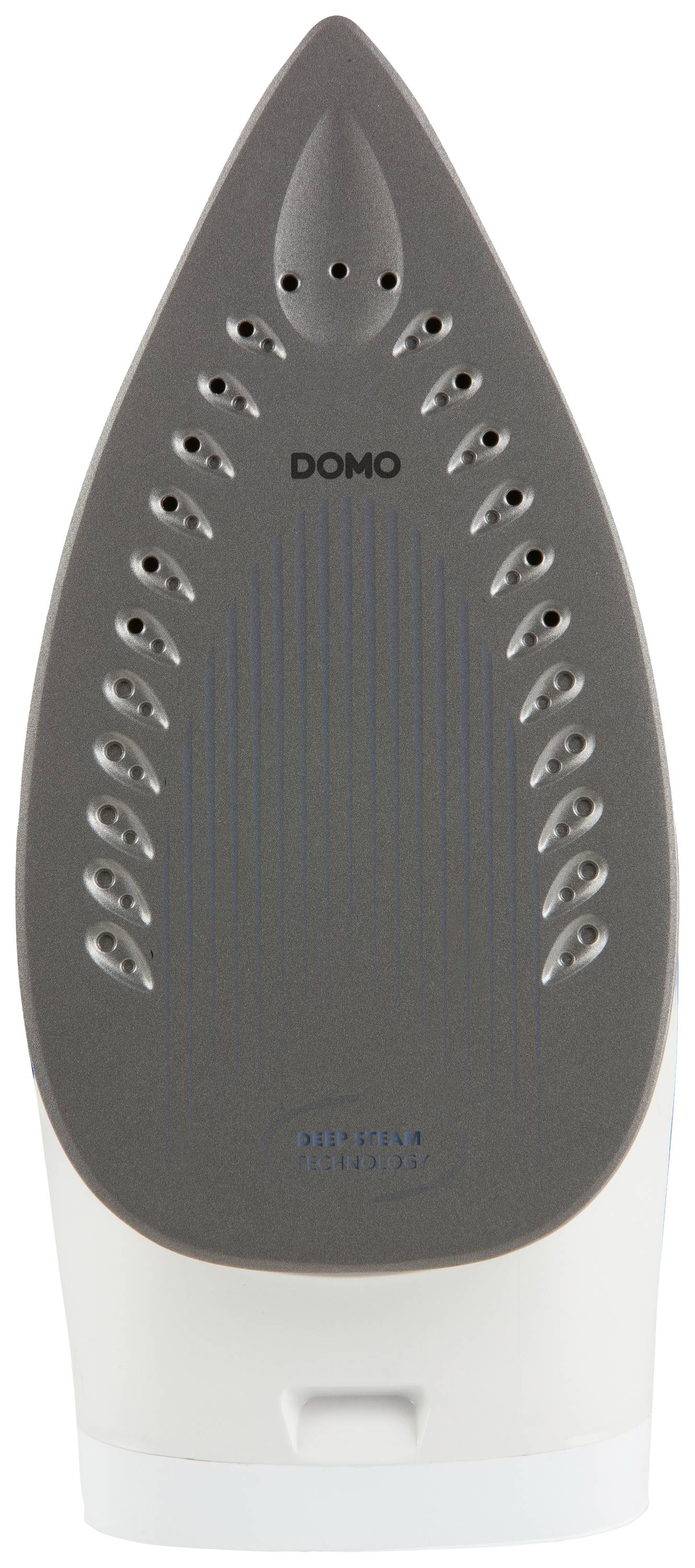 Bügeleisen-Sohle mit grauer Oberfläche und Dampfauslasslöchern. Markenname 'DOMO' über der Mitte. Fokus auf Design und Funktion der Sohle.