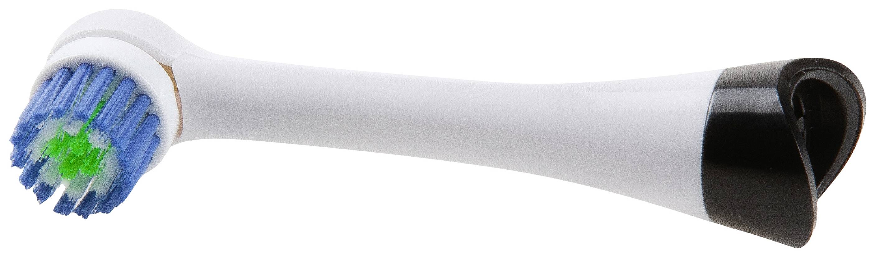 Elektrische Zahnbürstenkopf mit blauen und grünen Borsten. Geeignet für Hygiene und Zahnpflege, separat von der Zahnbürste abgebildet.