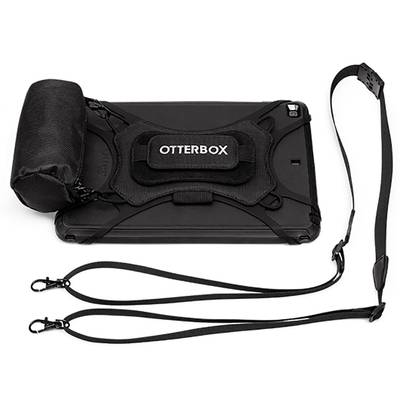 Tablet mit schwarzem Schutzgehäuse, verstellbarem Handgriff mit 'Otterbox'-Logo und abnehmbaren Schultergurten.