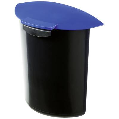 Ein schwarzer Mülleimer mit einem blauen, gewölbten Deckel, der leicht geneigt ist.