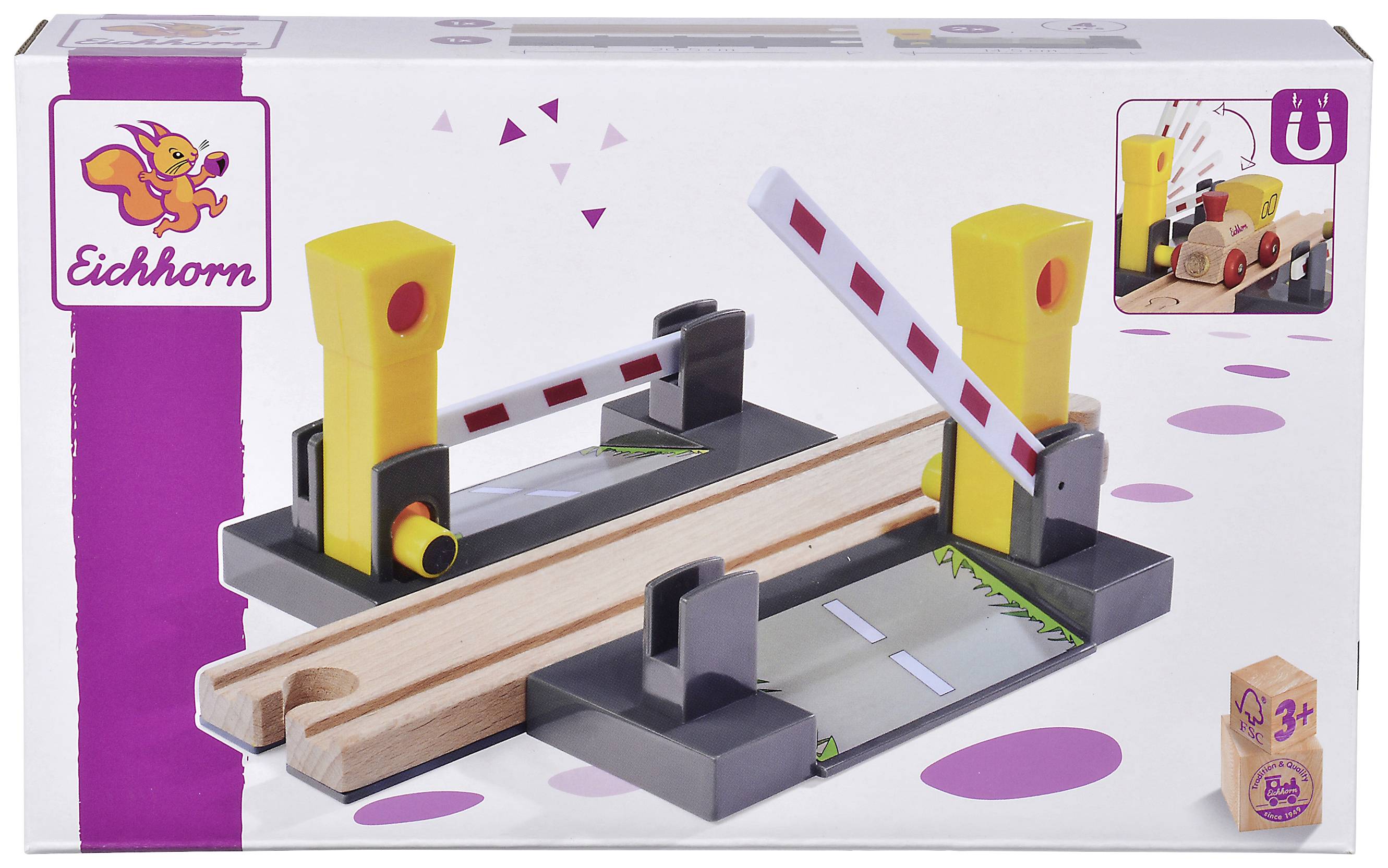 Spielzeug-Eisenbahnübergang von Eichhorn mit Schranken und Schienen auf der Verpackung abgebildet, geeignet für Kinder ab 3 Jahren.