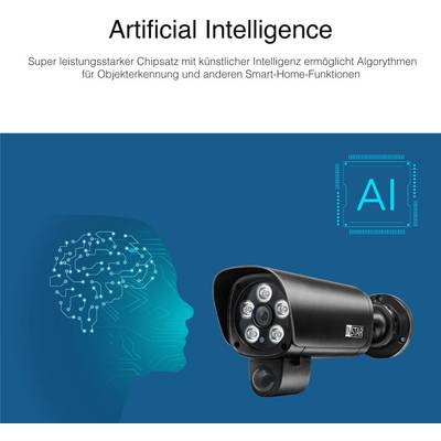 'Artificial Intelligence': Bild einer Überwachungskamera neben einem abstrakten Kopf mit Schaltkreisen. Text beschreibt leistungsstarken KI-Chipsatz.