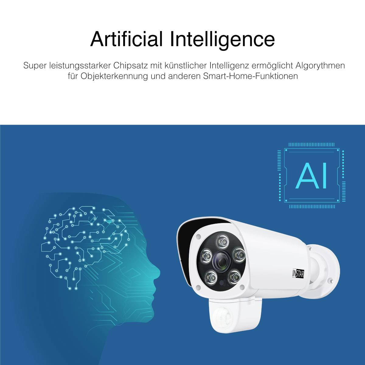 Eine Überwachungskamera mit dem Text 'Artificial Intelligence'. Sie zeigt die Integration von KI in moderne Technologie.