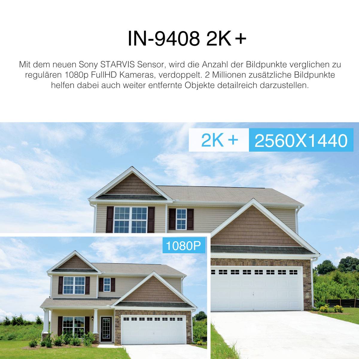 Ein modernes Haus mit Flachdach und Garage. Text hebt die Vorteile der 2K-Auflösung hervor, darunter verbesserte Bilddetails.