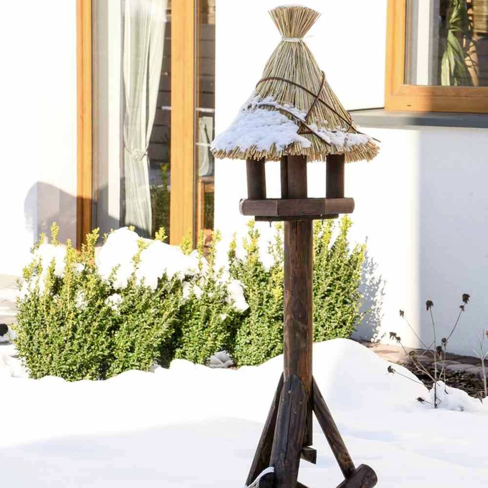 Ein rustikaler Holzvogelhäuschen im verschneiten Garten, umgeben von Sträuchern, unter einem klaren Himmel nahe eines Hauses.