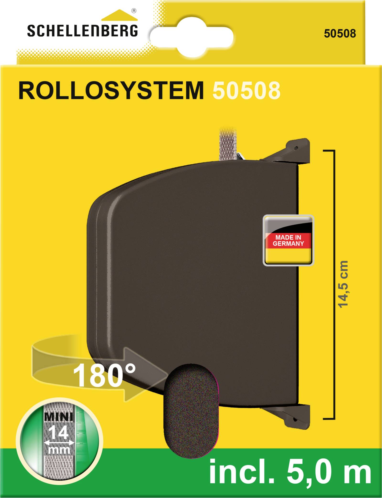 Verpackung eines Rollosystems von Schellenberg, Modellnummer 50508, enthält 5,0 m Riemen, geeignet für Mini-14-mm-Systeme, „Made in Germany“.