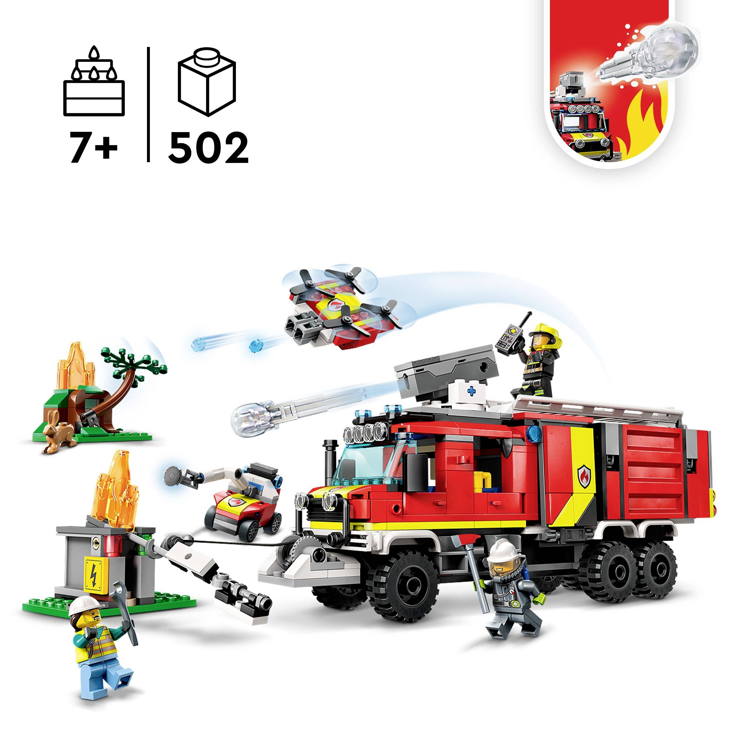 LEGO Feuerwehrset mit Feuerwehrwagen, Hubschrauber und Figuren. Altersempfehlung ab 7 Jahren. Enthält 502 Teile für kreatives Spiel.