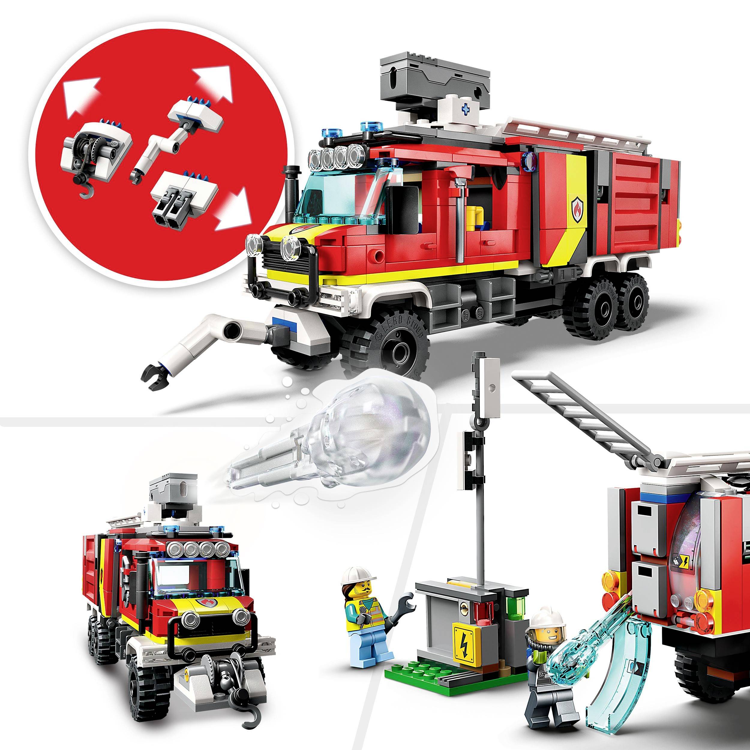 Lego-Set mit Feuerwehrauto, Wasserspritze und Spielfiguren in Action-Szenen. Fahrzeug mit Leiter und verschiedenen Werkzeugen.