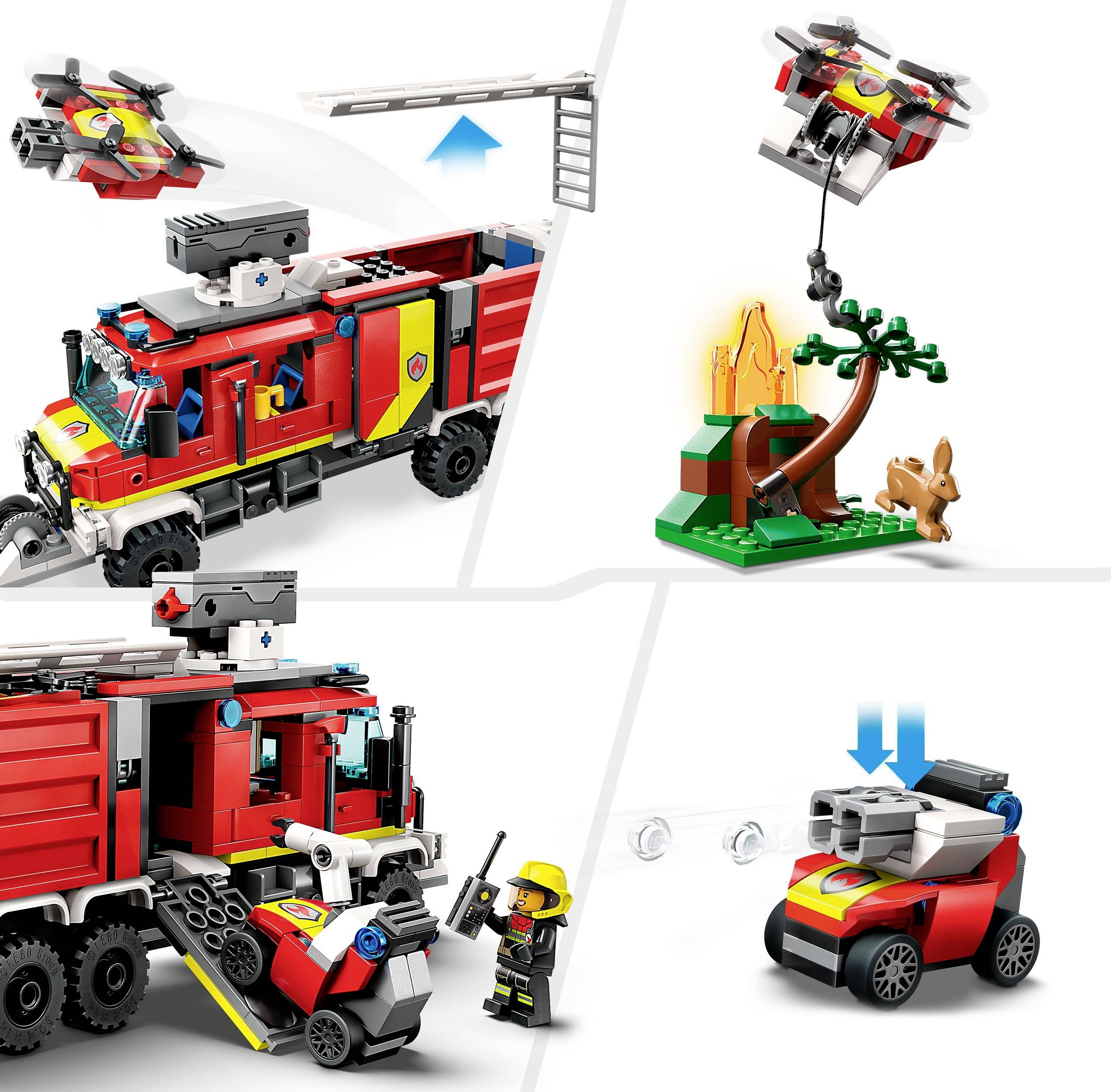 Ein LEGO-Set mit einem Feuerwehrauto, einem Feuerwehrmann, einem Mini-Hubschrauber, einem brennenden Baum und einem Fahrzeug.