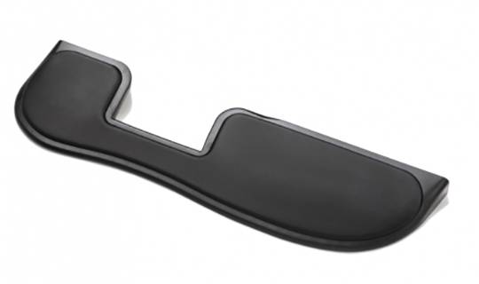 Ein ergonomisches Handgelenkpolster aus schwarzem Material, konturiert zur Unterstützung der Handgelenkhaltung bei der Computernutzung.