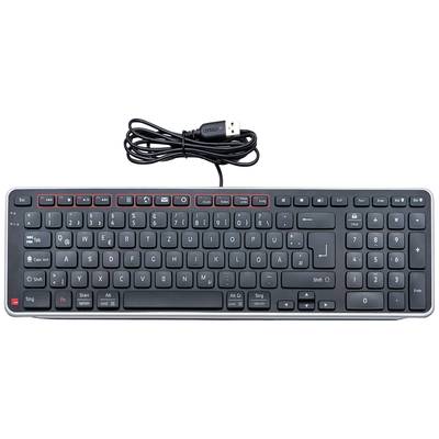 Schwarze Computertastatur mit deutschem QWERTZ-Layout, roten Details um einige Tasten, und einem USB-Anschlusskabel.
