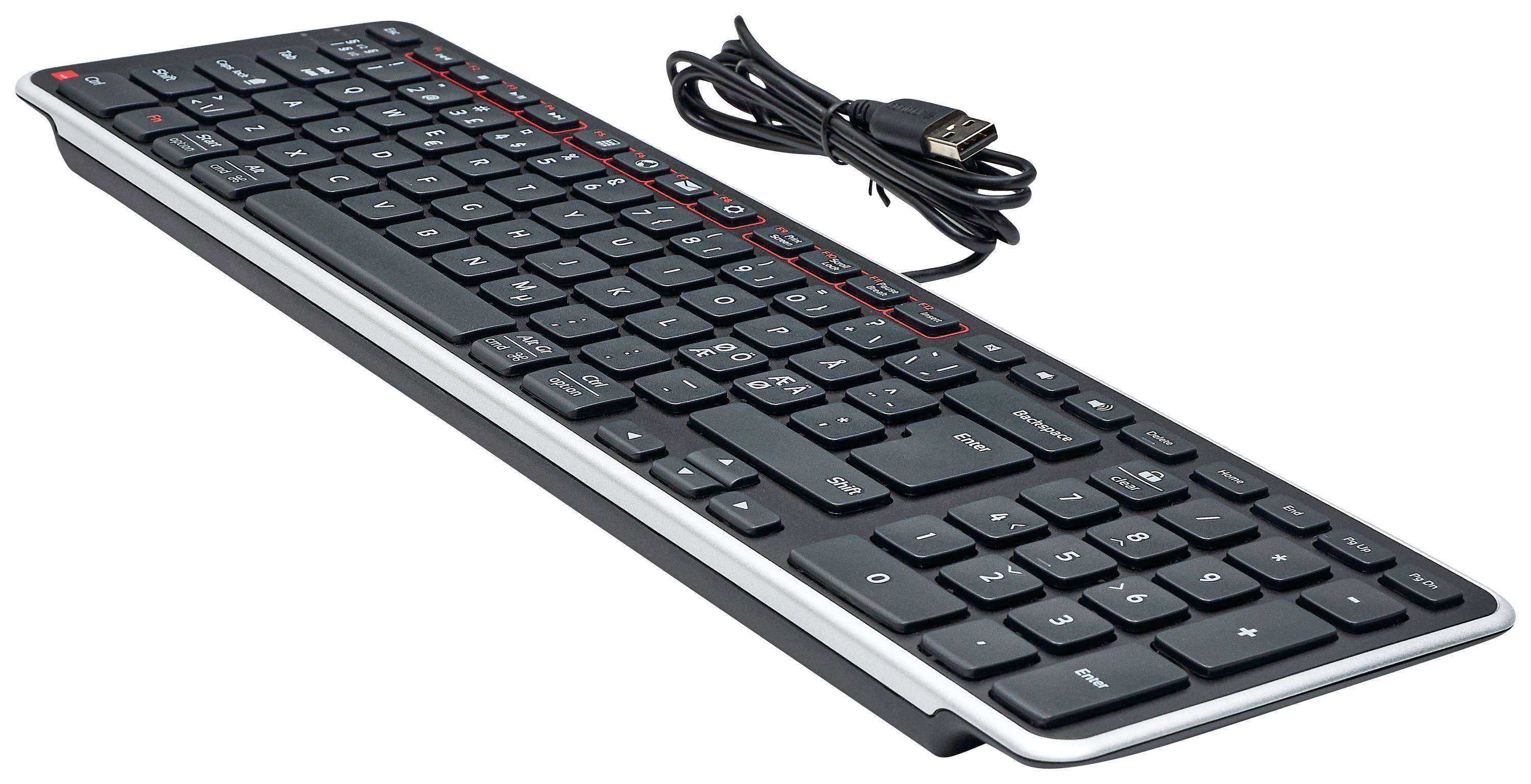 Eine schwarze, kabelgebundene Computertastatur mit USB-Anschluss, zeigt Tasten mit roter Umrandung.