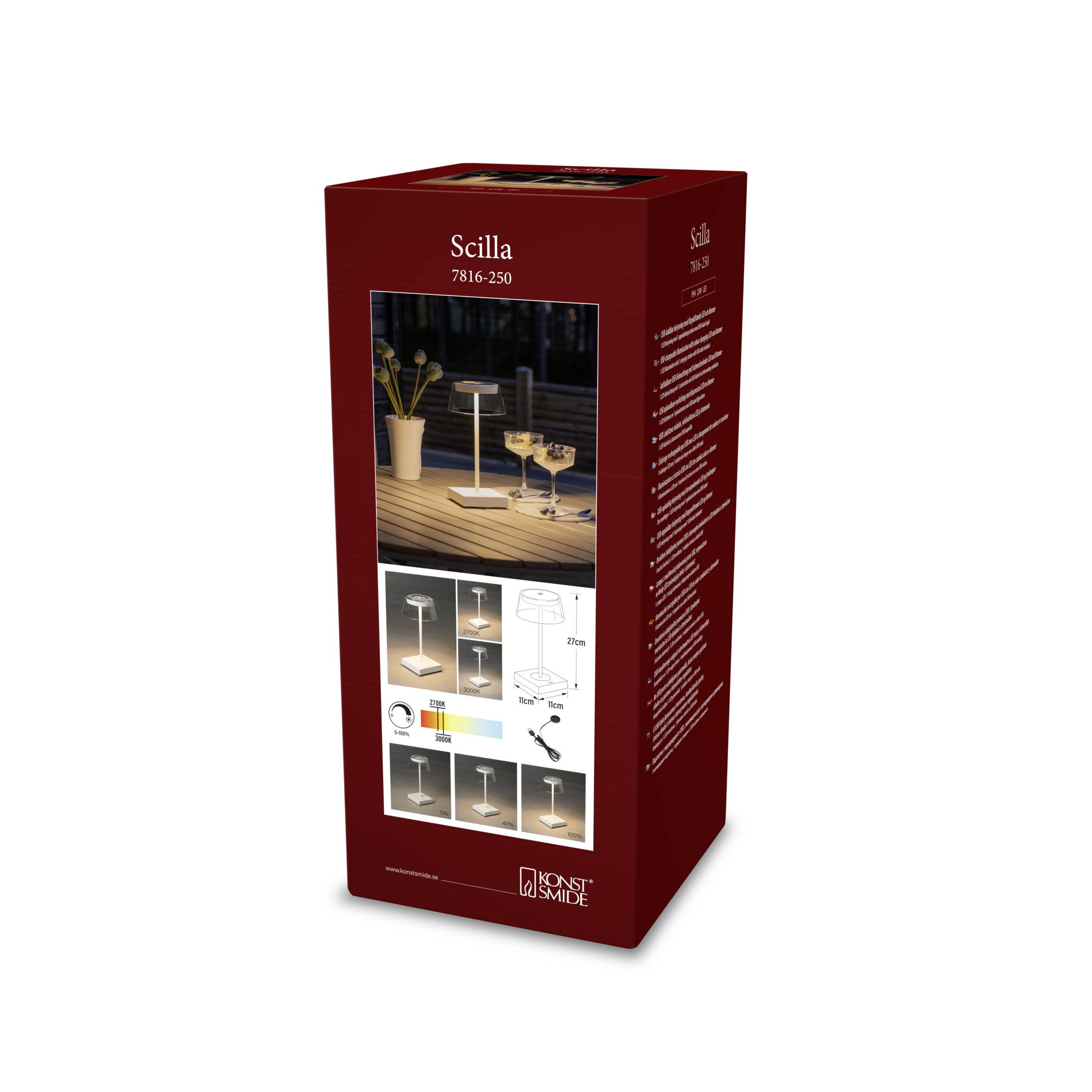 Rote Verpackung einer Tischlampe 'Scilla 7816-250'. Zeigt Lampen auf einem Tisch, Details zur Beleuchtung und Montageanweisungen.