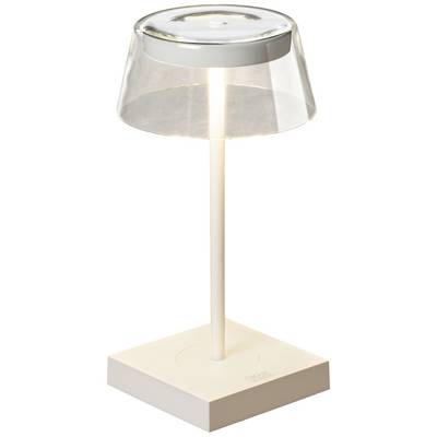 Moderne Tischlampe mit transparentem Schirm und weißem Sockel. Die Lampe ist eingeschaltet und leuchtet hell.