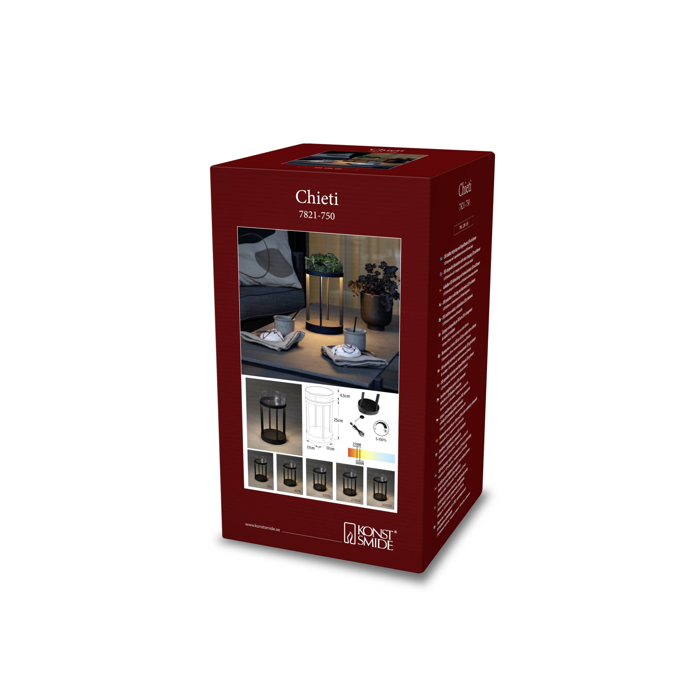 Rote Verpackung einer Laterne mit Bildern von deren Einsatz und Designs. Enthält Modelle 'Chieti 7821-750' von Konstsmide.