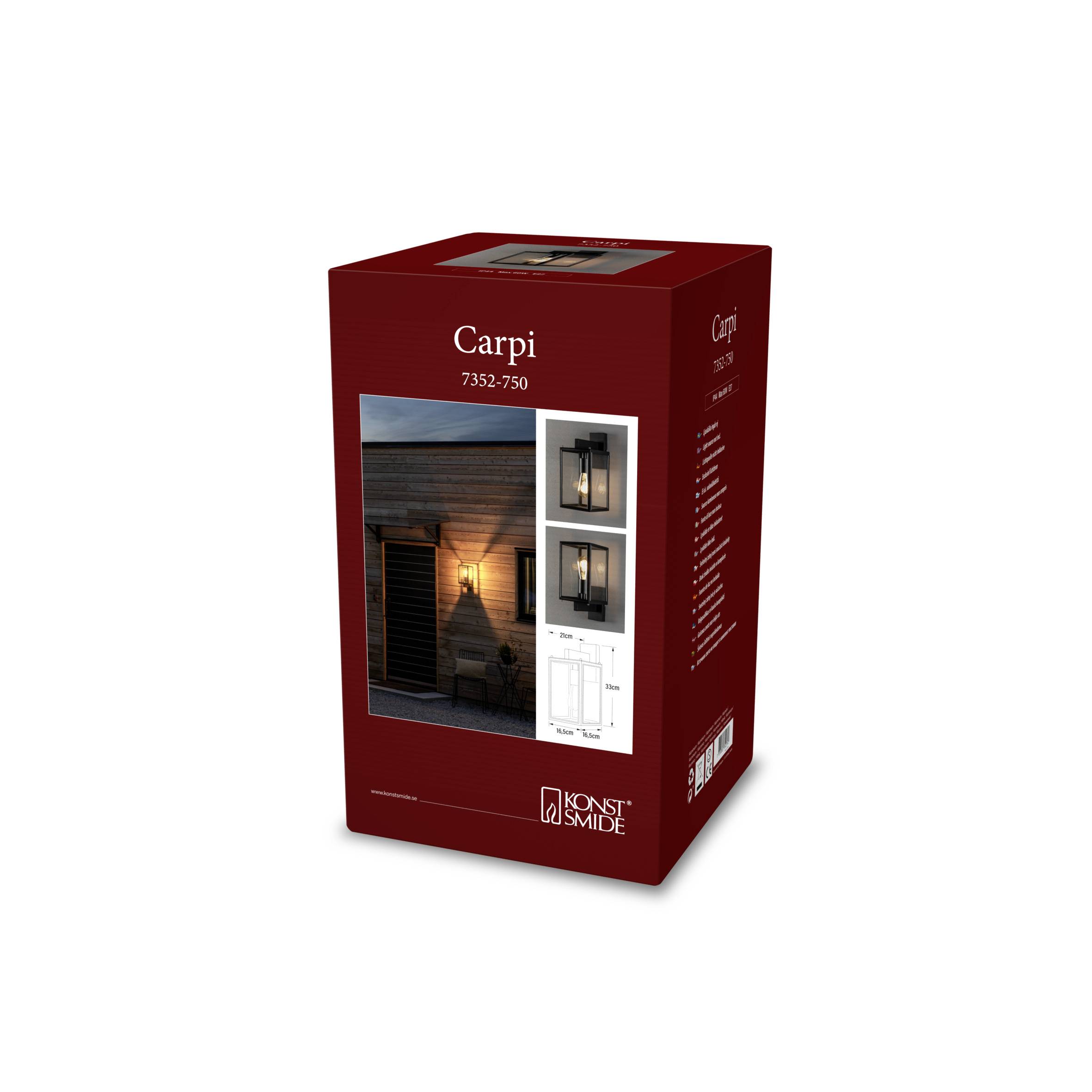 Eine rote Verpackung mit einem Bild einer Außenwandleuchte, die an einer Hauswand leuchtet. Produktname: 'Carpi 7352-750'.