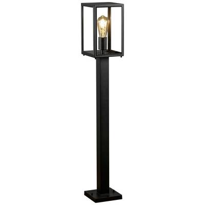 Schwarze Außenleuchte mit quadratischem, klarem Glasschirm und sichtbarer Glühbirne, montiert auf einem rechteckigen Metallpfosten.