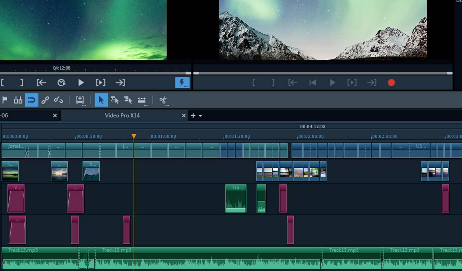 Ein Screenshot von einem Videobearbeitungsprogramm. Das Bild ist auf die Timeline mit mehreren Spuren für Bild und Ton zentriert, die Vorschaubilder oben sind abgeschnitten.