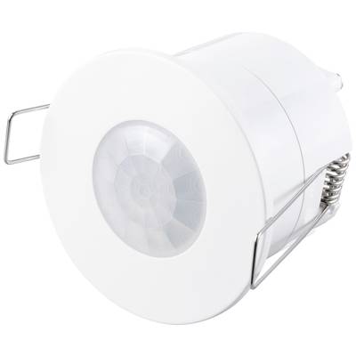 Ein runder Sensor mit Metallhalterungen, montiert in einer weißen Abdeckung. Es handelt sich um einen Bewegungsmelder für die Decke.