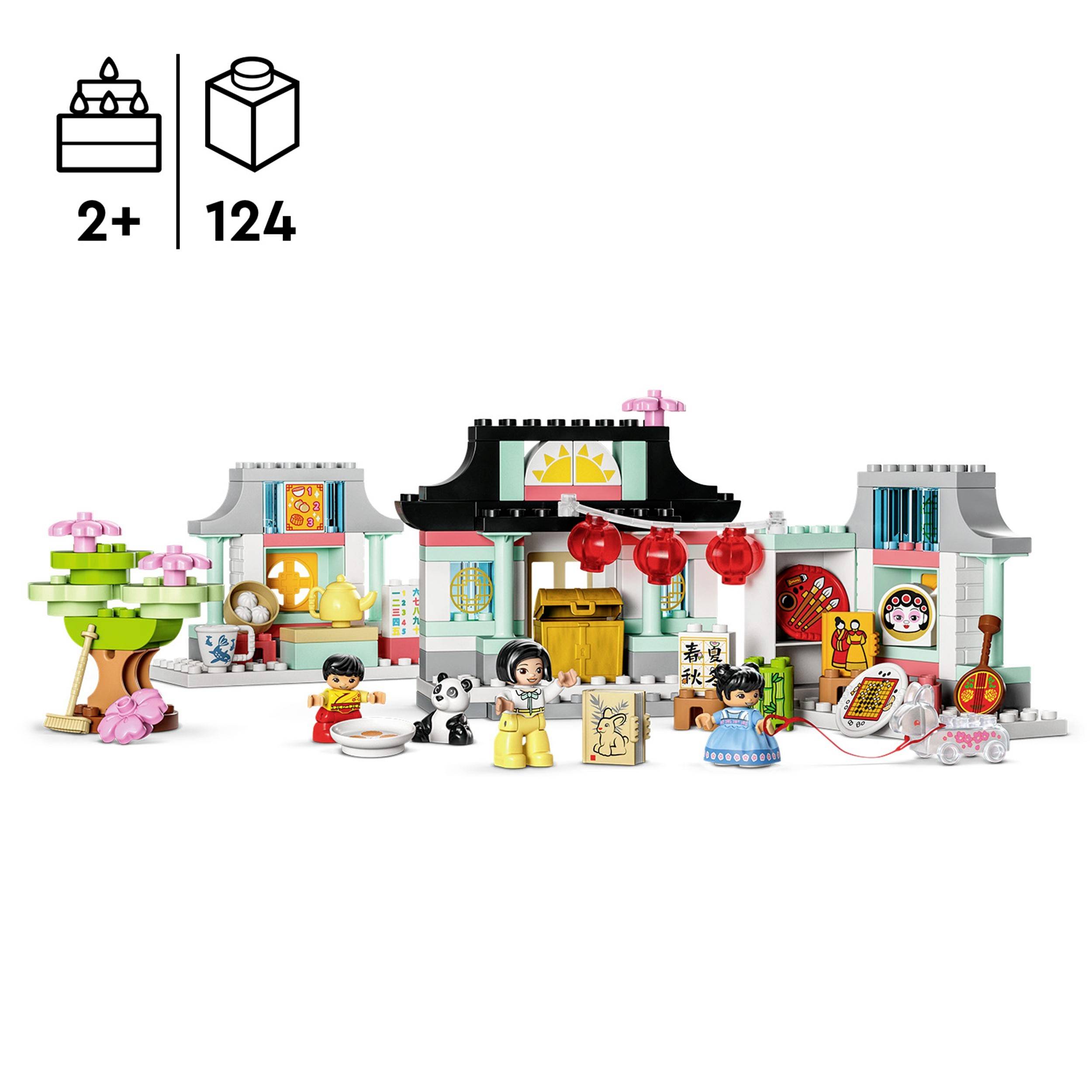 Das Bild zeigt ein LEGO-Set mit Tempel und Figuren. Enthalten sind traditionelle Dekorationen und verschiedene Charaktere in farbenfrohen Outfits. Geeignet für Kinder ab 2 Jahren.