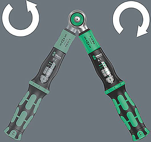 Verstellbares Werkzeug mit rotierenden Köpfen, ausgestattet mit ergonomischen grünen und schwarzen Griffen. Pfeile zeigen die Rotationsrichtung der Köpfe an.