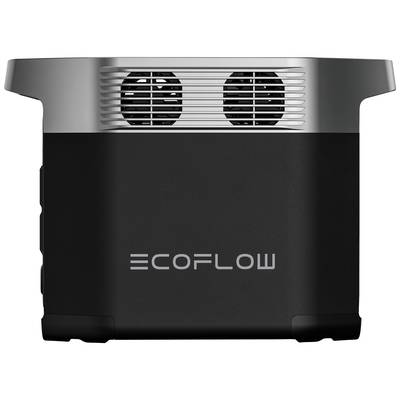 Tragbarer Stromgenerator in schwarzem Gehäuse mit der Aufschrift 'ECOFLOW', zwei sichtbare Lüftungsschlitze oben.