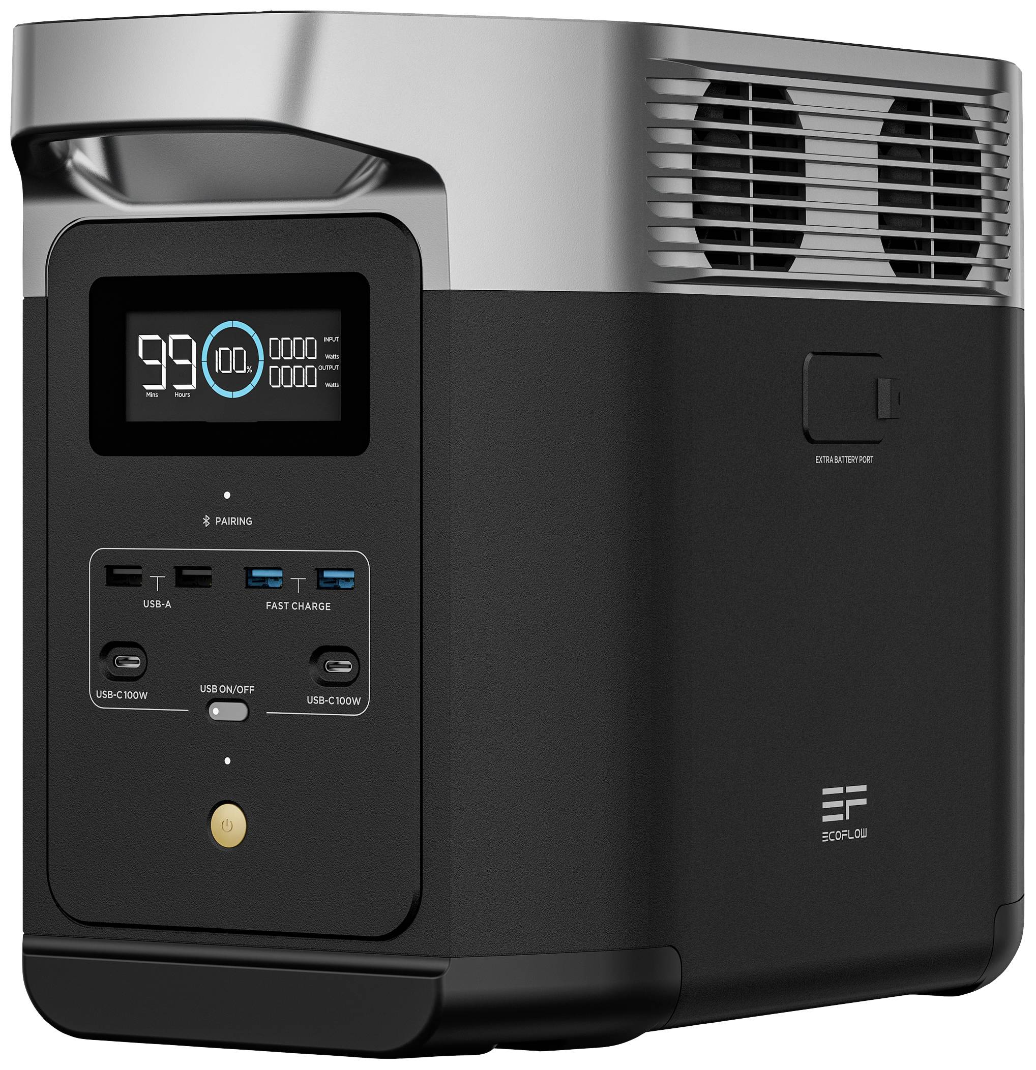 Eine tragbare Powerstation mit Digitalanzeige zeigt einen Ladezustand von 99%. Verschiedene Anschlüsse zur Stromversorgung sind sichtbar.