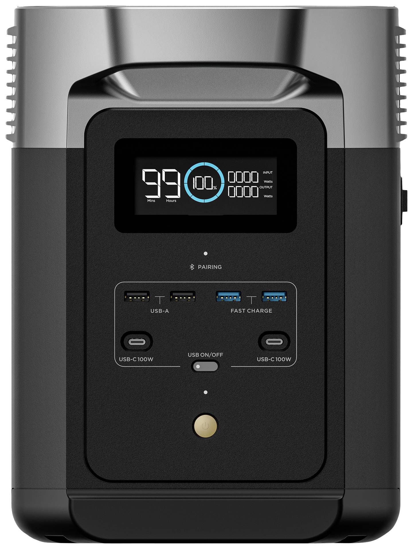 Tragbare Powerstation mit Display zeigt '99%'. Enthält USB-A und USB-C Anschlüsse, sowie Schnellladeoption. Ventilationsöffnungen oben.