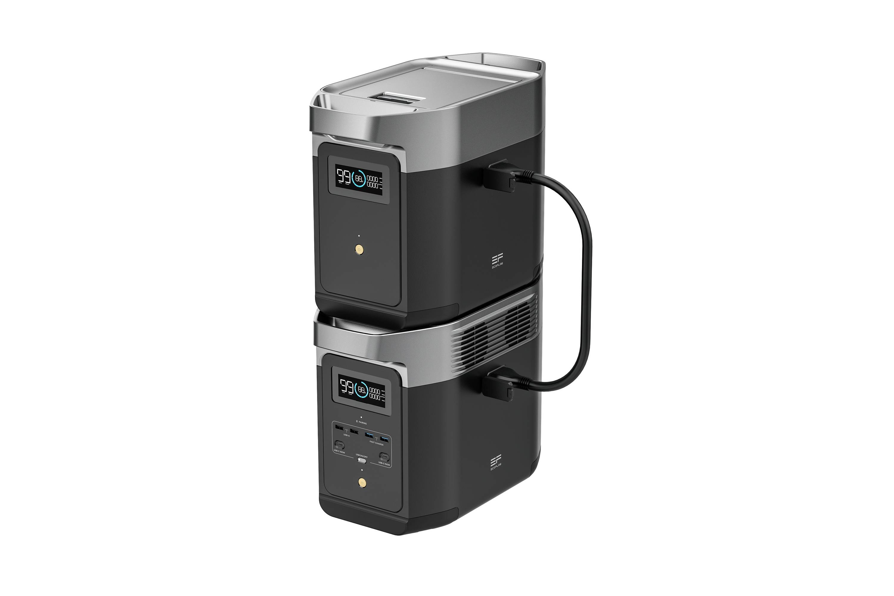 Zwei tragbare Batteriestationen sind übereinander gestapelt. Jede zeigt einen digitalen Bildschirm mit Ladestand und Anschlüssen.