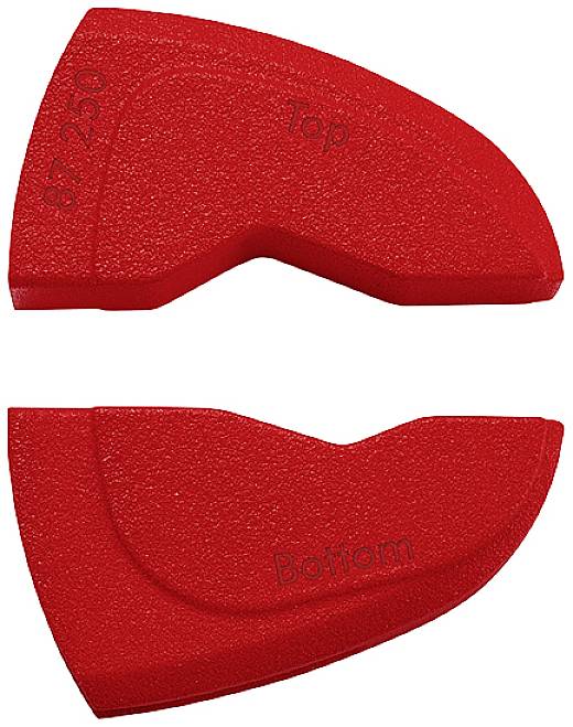 Rotes, zweigeteiltes Formenpaar mit Aufschriften 'Top' und 'Bottom'. Oben gebogen, unten gerade geschnitten.