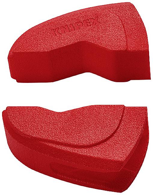 Zwei rote, halbrunde Kunststoffscheiben mit der Aufschrift 'KNIPEX', verwendet als Schutzkappen für Zangen.
