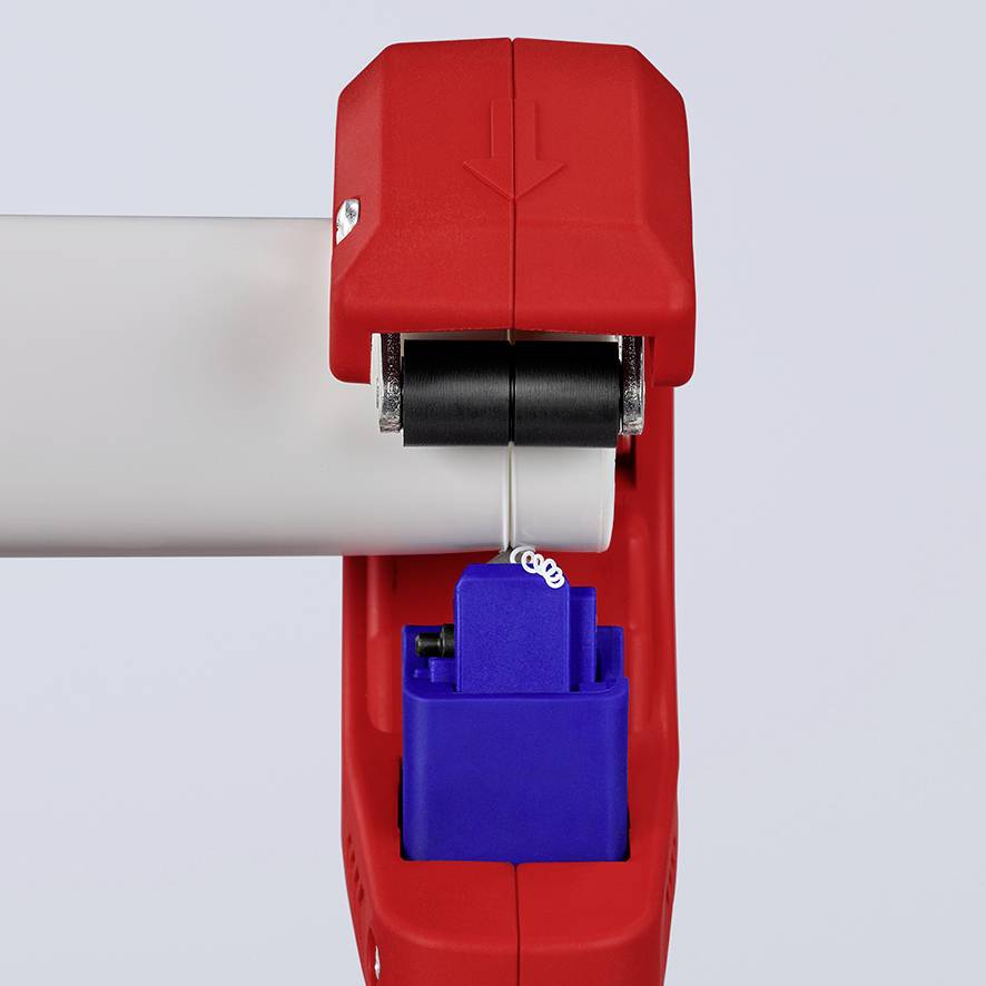 Ein rotes Gerät mit einem weißen und blauen Bandrollensystem, das einen Aufkleber oder eine Bandrolle ausgibt.