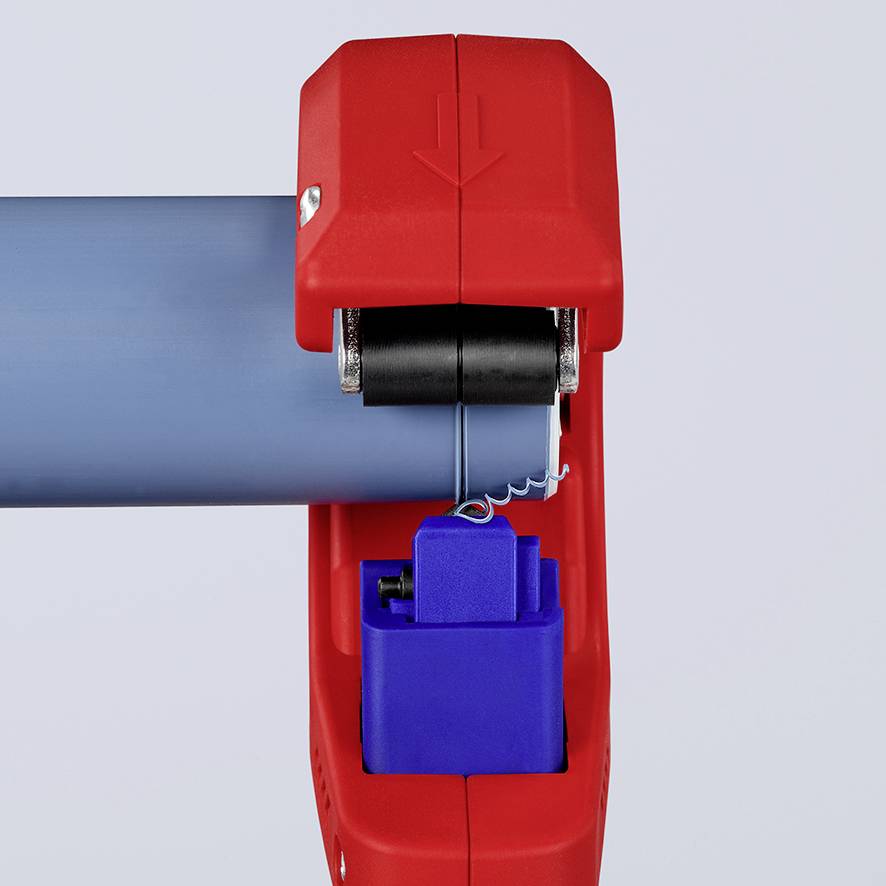 Roter Hebelkopf mit Pfeil nach unten, blauer Zylinder darunter, dient als Mechanismus für Kontrolle oder Bedienung einer Vorrichtung.