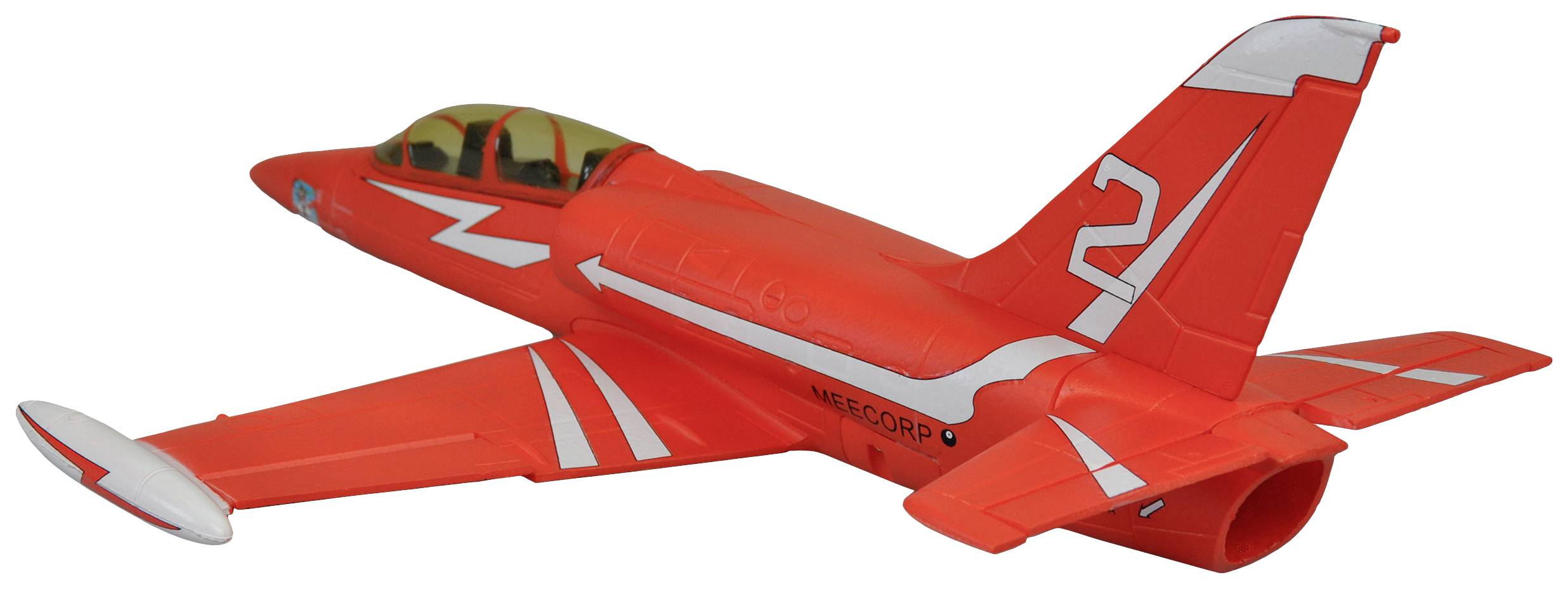 Ein rotes Modellflugzeug mit weißen Streifen und der Nummer "2" auf dem Heckflügel. Das Cockpit ist mit gelbem Plastik abgedeckt.
