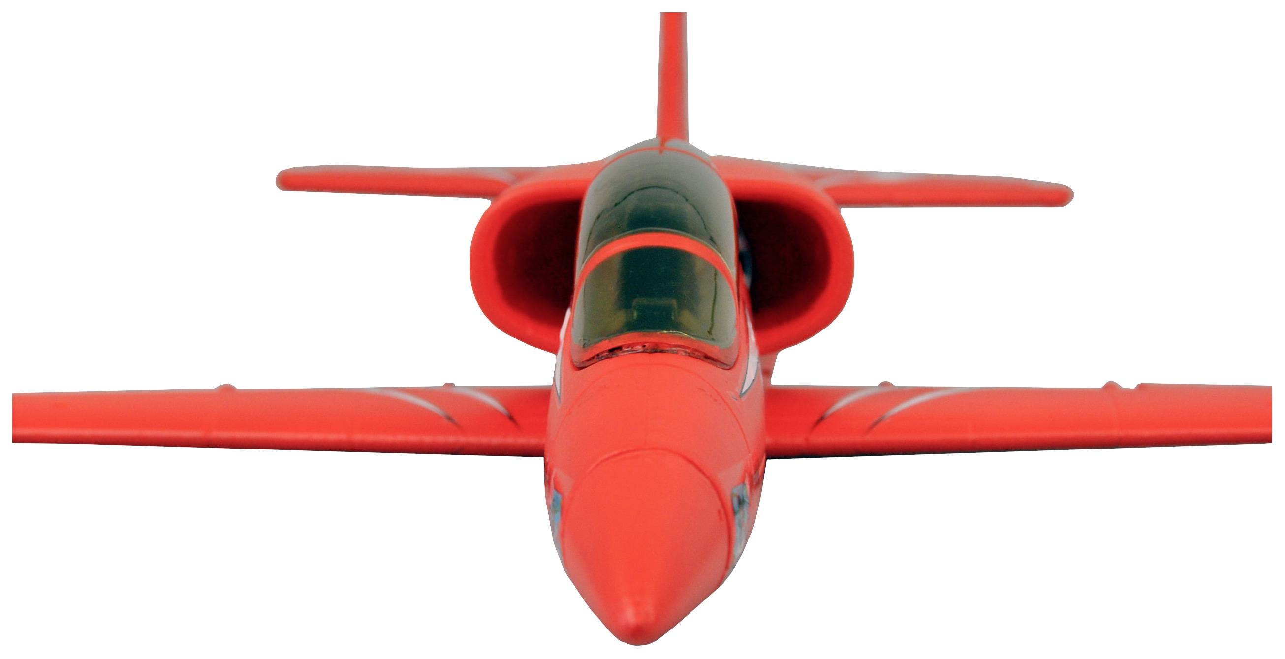Ein rotes Modellflugzeug, fotografiert von vorn, das klar die Tragflächen, das Cockpit und die Triebwerke zeigt.