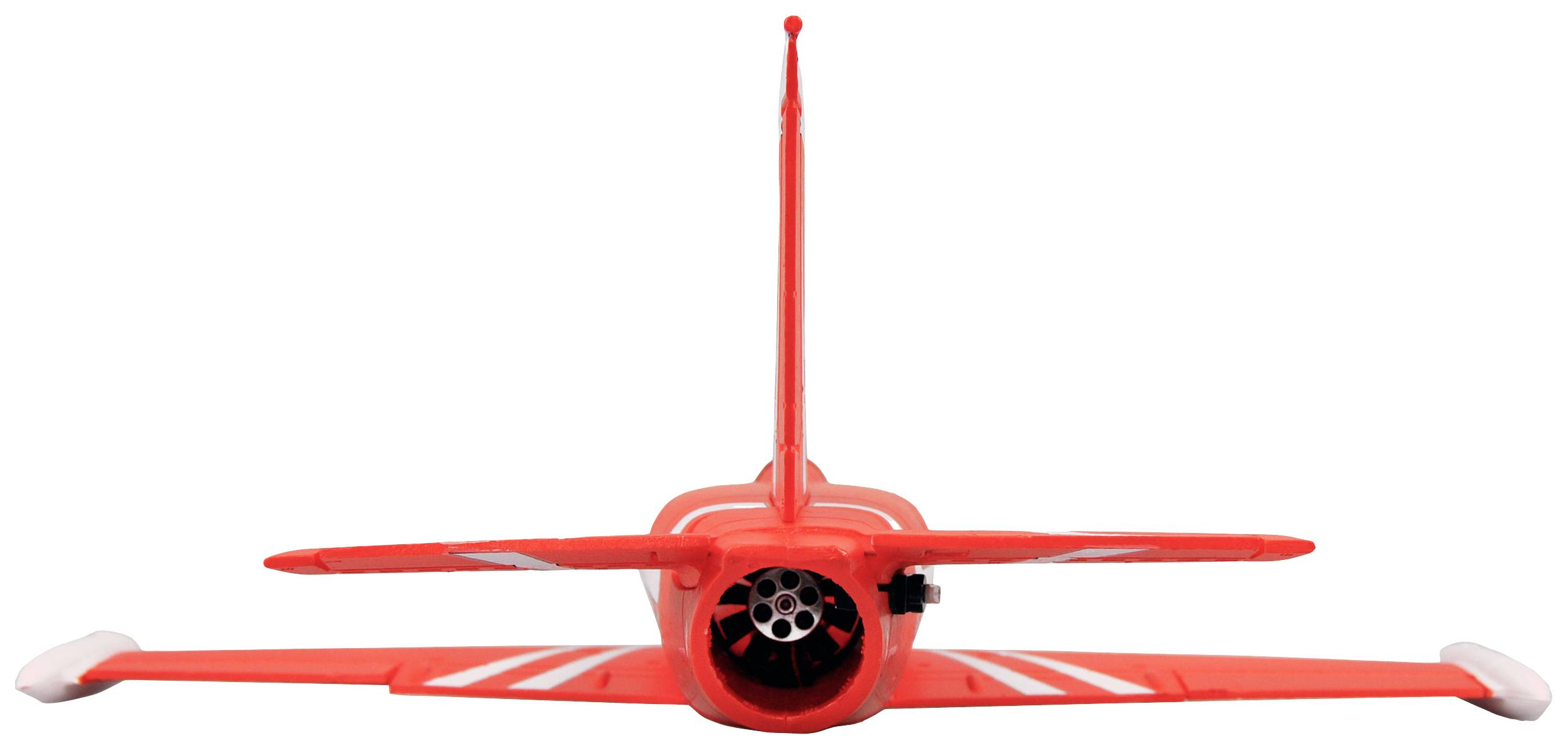 Ein rotes Modellflugzeug wird von hinten gezeigt, mit klar sichtbaren Flügeln und Propeller.