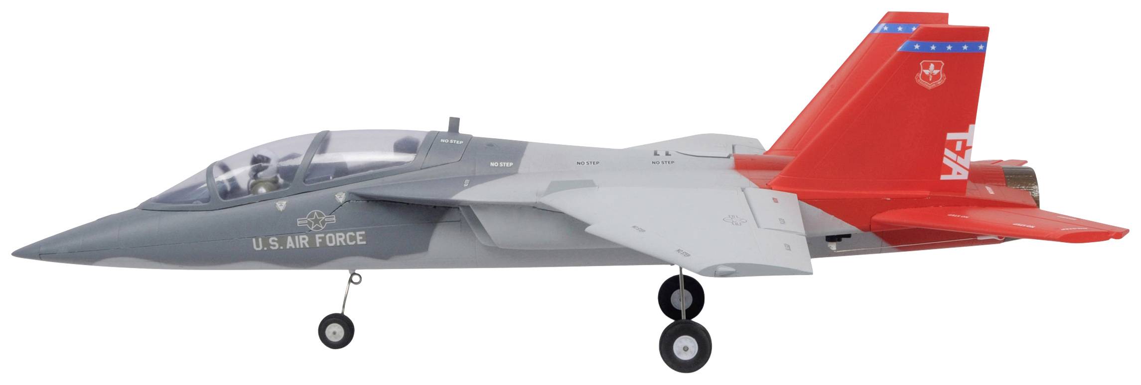 Ein graues US Air Force-Jagdflugzeug mit rotem Heckflügel ist seitlich abgebildet, bereit zum Start.