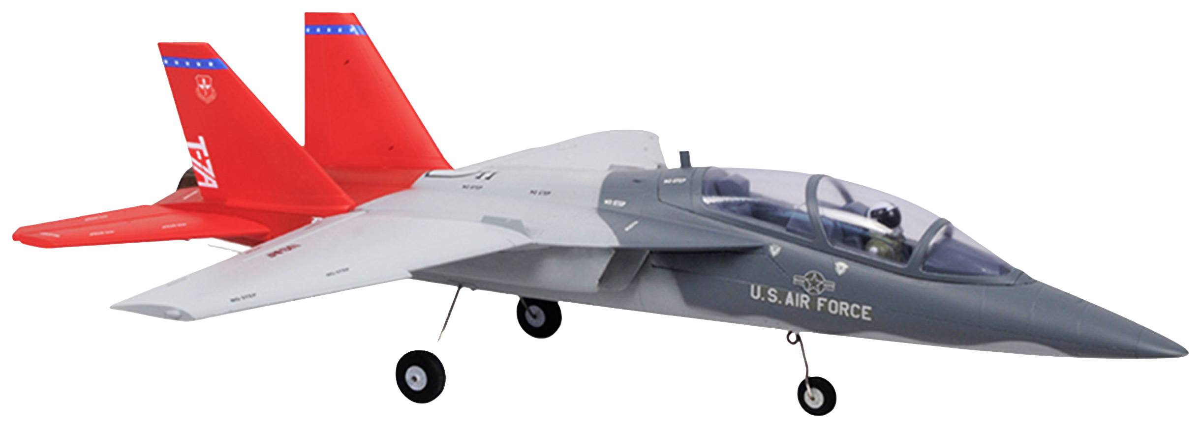 Ein Modellflugzeug mit grauer Vorderseite und roten Heckflossen, beschriftet mit 'U.S. Air Force', steht auf weißem Hintergrund.