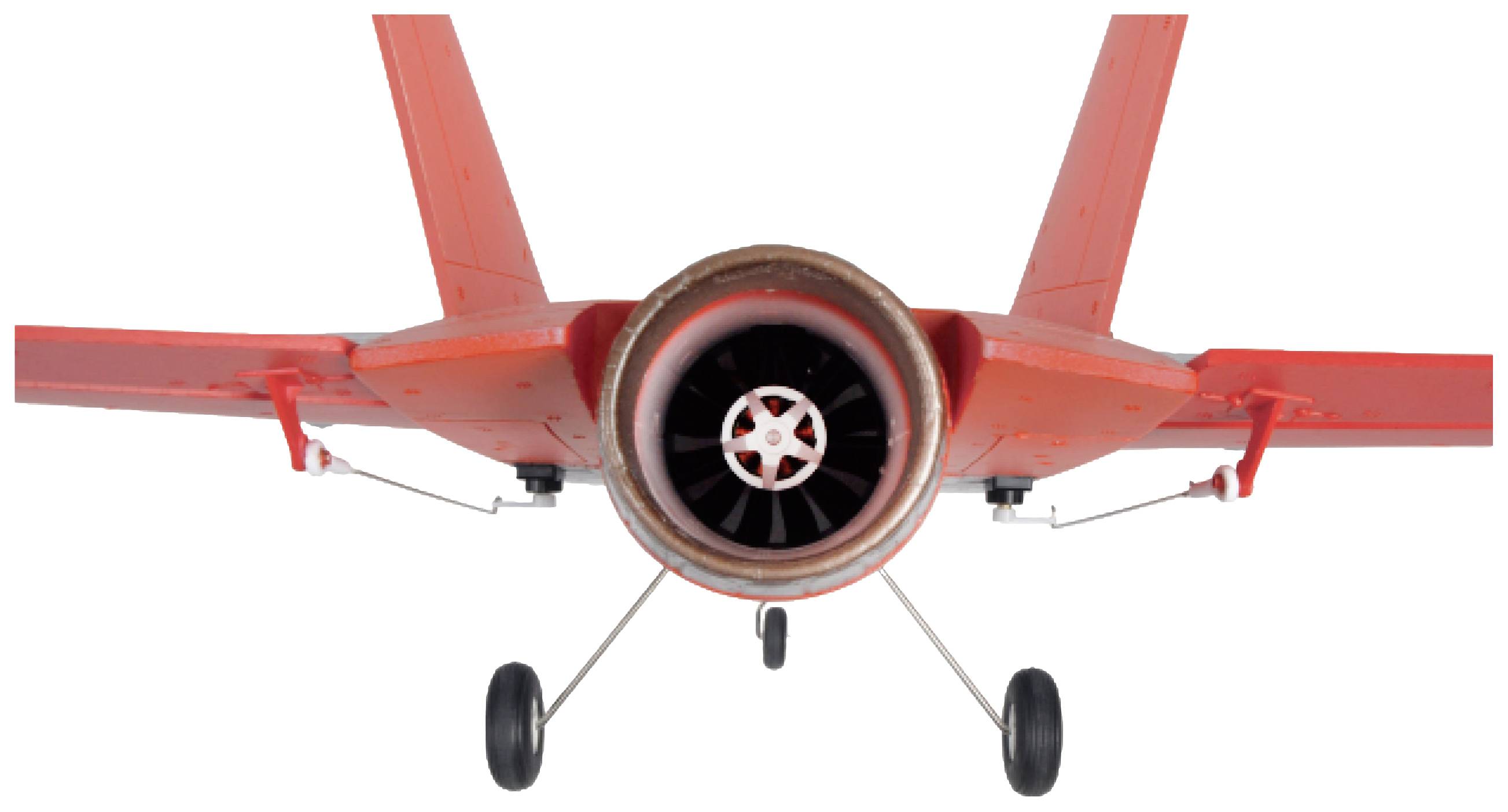 Rotes Modellflugzeug von hinten, zeigt Triebwerk und Fahrwerk, vor weißem Hintergrund.