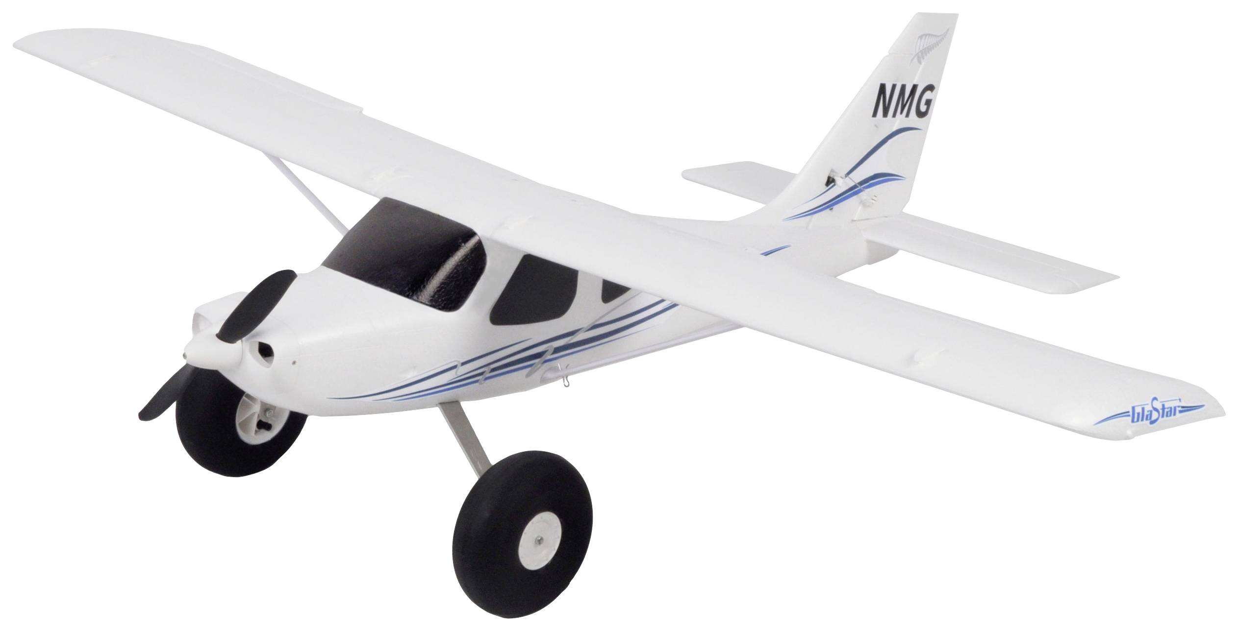 Ein weißes Modellflugzeug mit einem Propeller und zwei Hauptflügeln, markiert mit 'NMG' auf dem Heckflügel.